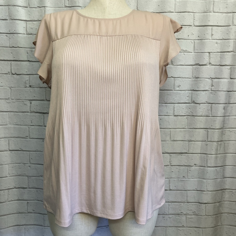 Adrianna Papell Blush Pink Flutter Sleeve Pleated Blouse Keyhole Top XL